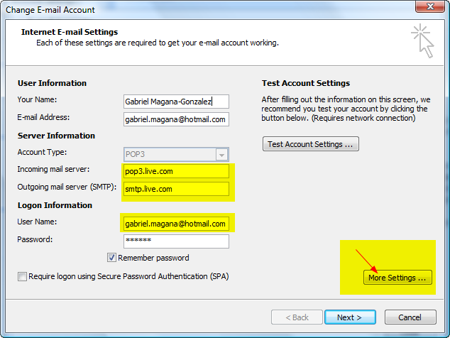 Outlook Main Account Configuration Page